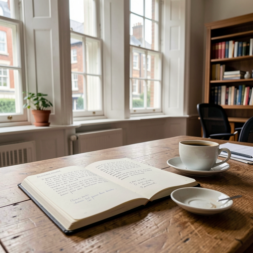 Open editorial notebook with handwritten notes beside a coffee cup on a wooden desk in a quiet London office with natural light from tall windows
