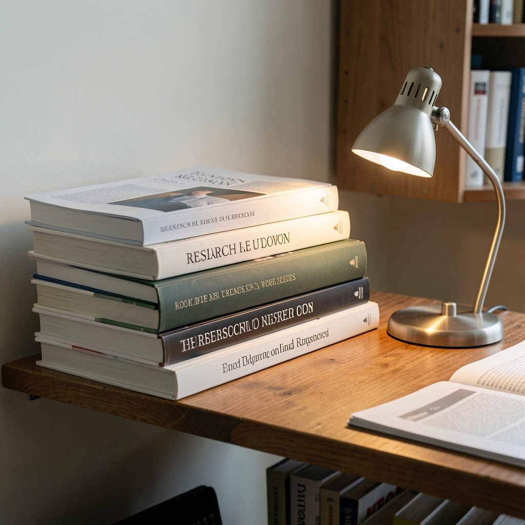 Stack of research books and printed journal articles on a wooden shelf beside a small reading lamp in a quiet editorial office
