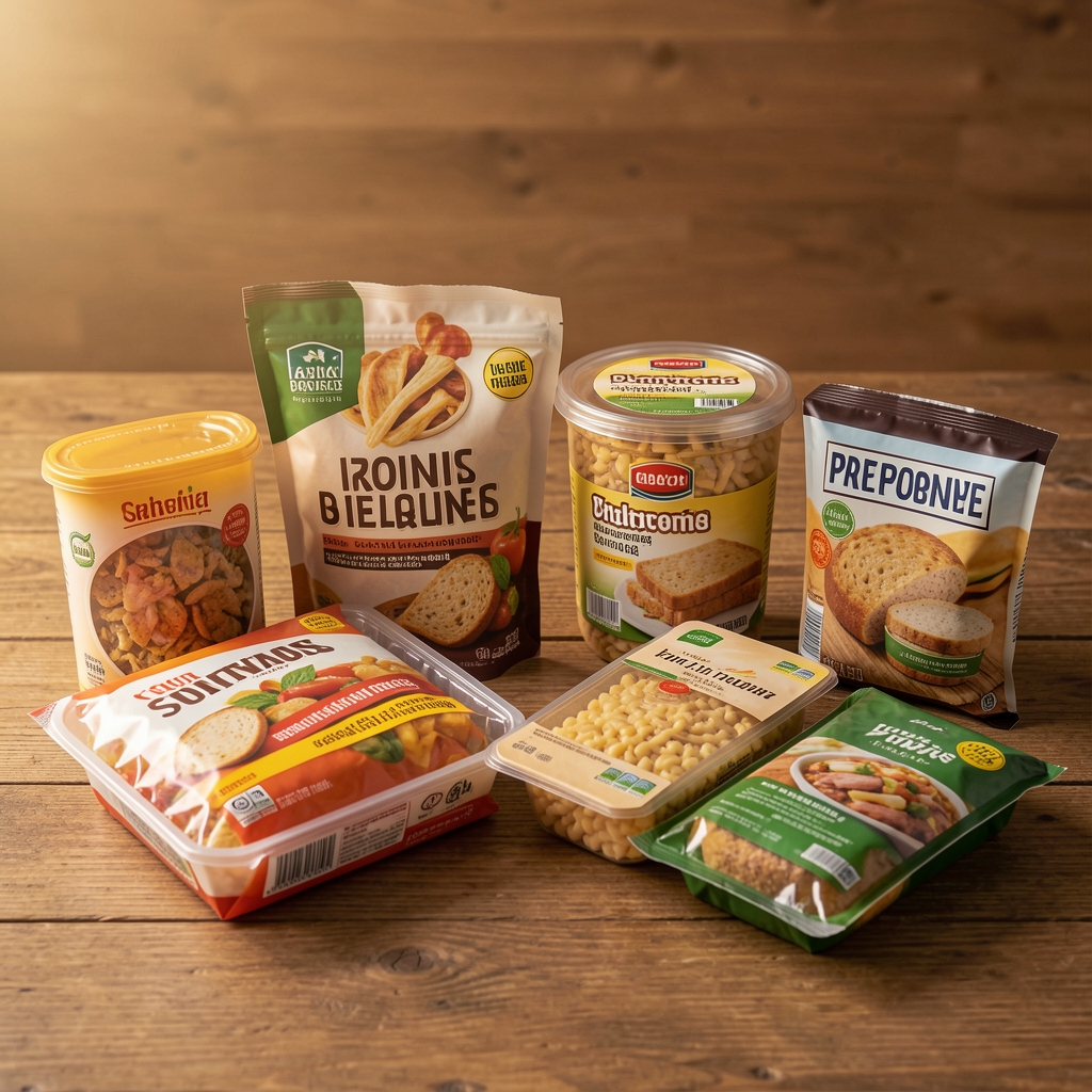Assortment of processed and packaged convenience foods on a wooden surface in warm editorial lighting, illustrating modern food reliance patterns