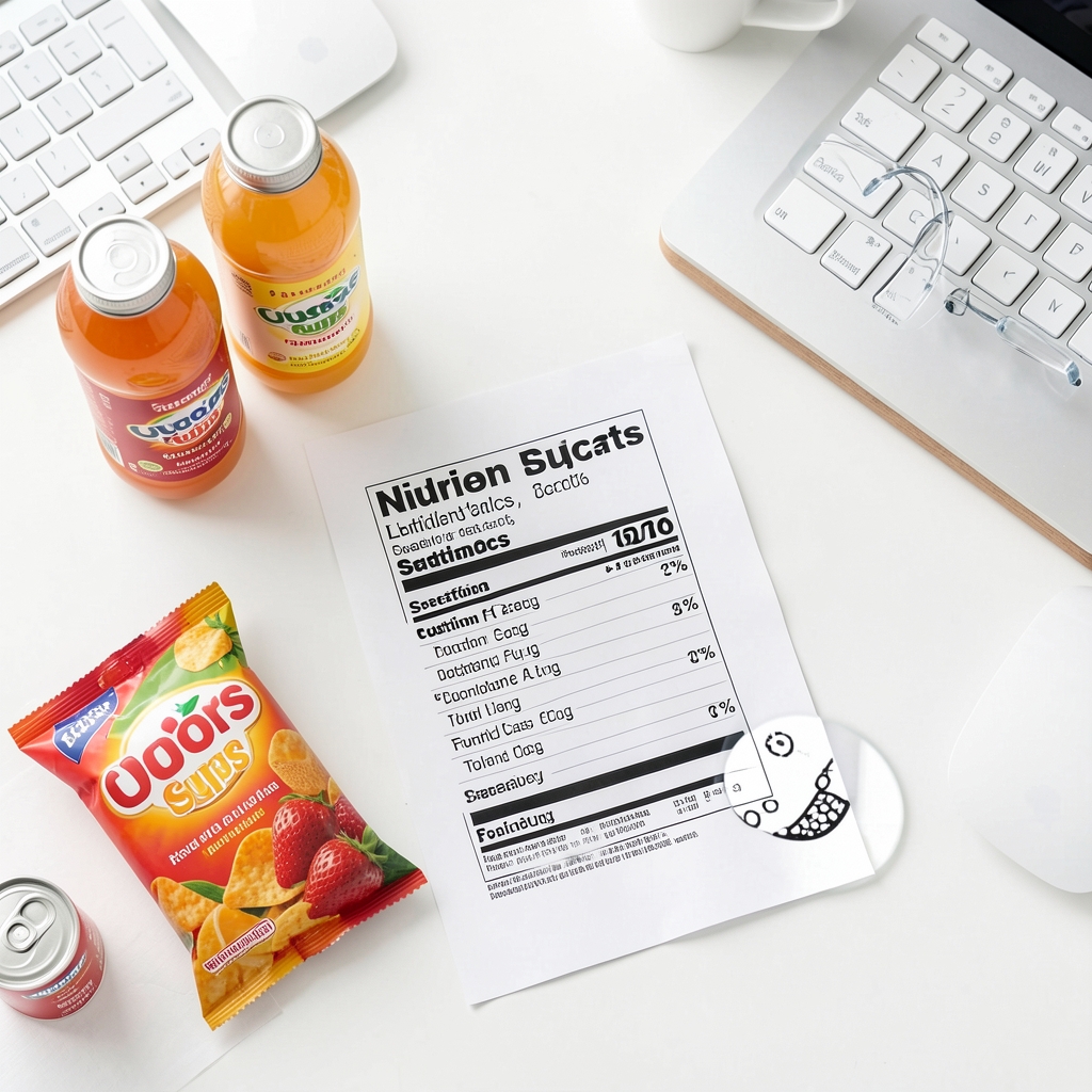 Overhead shot of sugary drinks, snack packets and a nutrition label magnified under studio lighting, illustrating hidden sugars and liquid calories