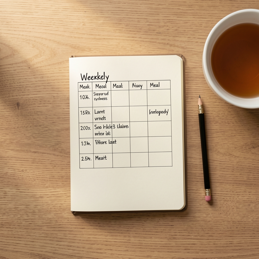 Overhead view of a simple notebook with a handwritten weekly meal schedule, a pencil and a cup of tea on a plain wooden desk in natural light