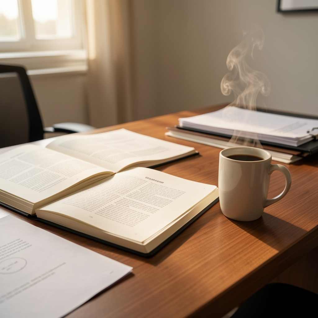Editorial office desk with notebooks, printed articles and a steaming coffee mug in warm ambient light — representing a writing and editorial workspace